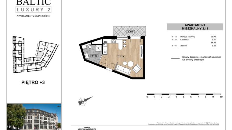 Rzut - Mieszkanie na sprzedaż 1 pokój o powierzchni 31,56 m² - numer 3.11 w Baltic Luxury 2