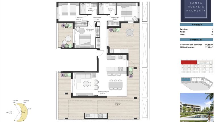 Rzut - Mieszkanie na sprzedaż 3 pokoje o powierzchni 109 m² - numer Pent A w Tindra Homes el Lago