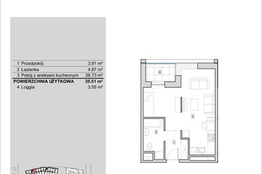 Rzut - Mieszkanie na sprzedaż 1 pokój o powierzchni 35,51 m² - numer H1-A-3-1 w Heyki City