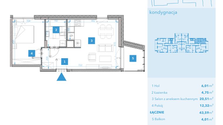 Rzut - Mieszkanie na sprzedaż 2 pokoje o powierzchni 43,65 m² - numer 31 w Apartamenty Macadamia