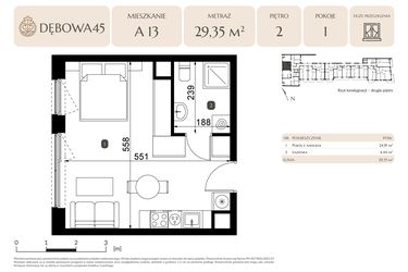 Rzut - Mieszkanie na sprzedaż 1 pokój o powierzchni 29,35 m² - numer A.13 w Dębowa 45