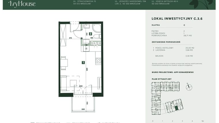 Rzut - Mieszkanie na sprzedaż 1 pokój o powierzchni 28,71 m² - numer C.3.6 w IVY HOUSE - Apartamenty inwestycyjne
