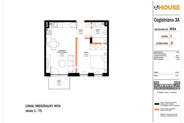 Rzut - Mieszkanie na sprzedaż 2 pokoje o powierzchni 43,33 m² - numer 34 w Osiedle StaLove etap II