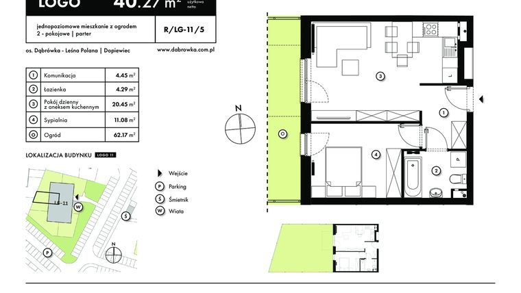 Rzut - Mieszkanie na sprzedaż 2 pokoje o powierzchni 40,27 m² - numer R-LG-11-5 w os. Dąbrówka – Leśna Polana