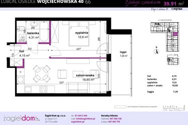 Rzut - Mieszkanie na sprzedaż 2 pokoje o powierzchni 39,91 m² - numer 66 w Wojciechowska Square