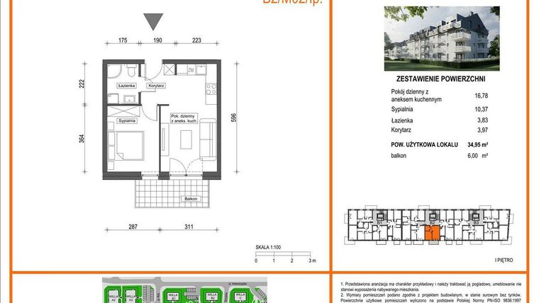 Rzut - Mieszkanie na sprzedaż 2 pokoje o powierzchni 34,95 m² - numer B2/M02/1P w Zielony Brochów 7