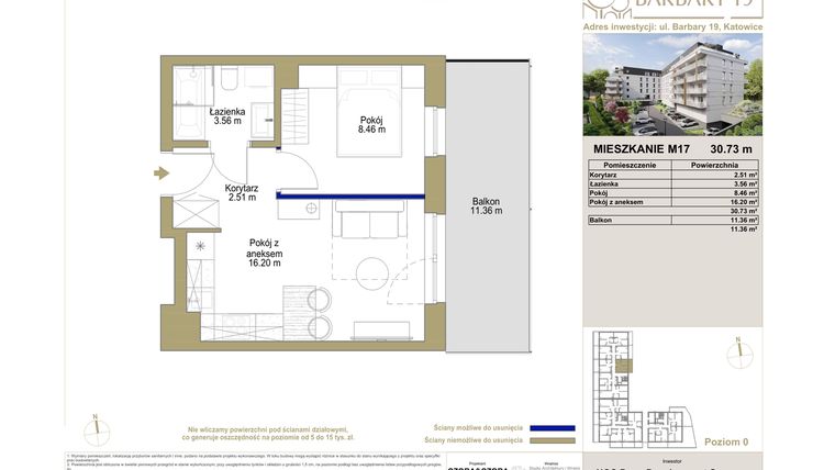 Rzut - Mieszkanie na sprzedaż 2 pokoje o powierzchni 30,73 m² - numer M17 w Barbary 19
