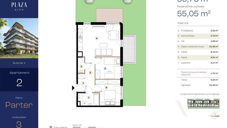 Rzut - Mieszkanie na sprzedaż 3 pokoje o powierzchni 56,76 m² - numer B4M2 w Plaza City