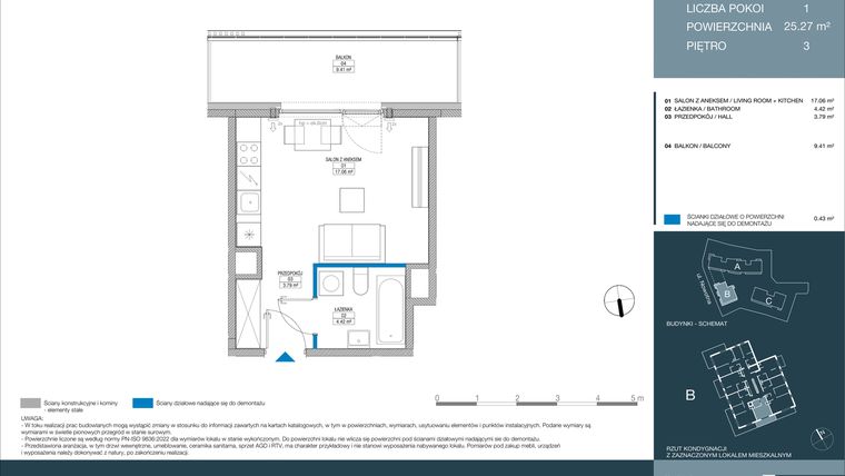 Rzut - Mieszkanie na sprzedaż 1 pokój o powierzchni 25,27 m² - numer B.1.4.3 w Meri Apartamenty