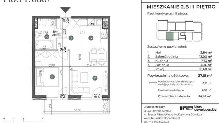 Rzut - Mieszkanie na sprzedaż 2 pokoje o powierzchni 37,61 m² - numer 2.B w Willa przy parku