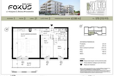 Rzut - Mieszkanie na sprzedaż 3 pokoje o powierzchni 63,88 m² - numer B1-21 w Fokus Bielany