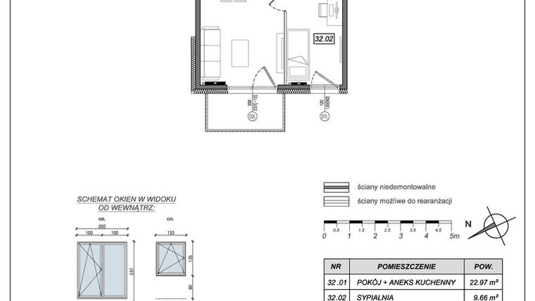 Rzut - Mieszkanie na sprzedaż 2 pokoje o powierzchni 36,27 m² - numer 9.A.32 w Nowe Południe bud. 9