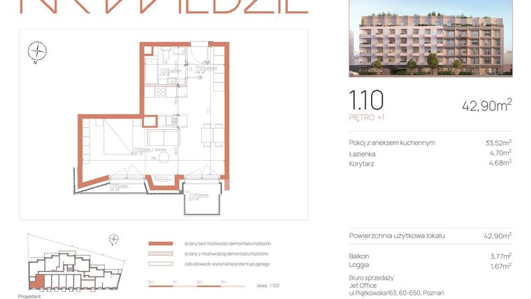 Rzut - Mieszkanie na sprzedaż 1 pokój o powierzchni 42,9 m² - numer 1.10 w Na Wildzie