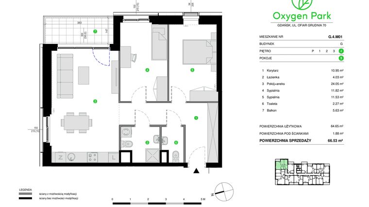 Rzut - Mieszkanie na sprzedaż 3 pokoje o powierzchni 66,53 m² - numer G.4.M01 w Oxygen Park etap III