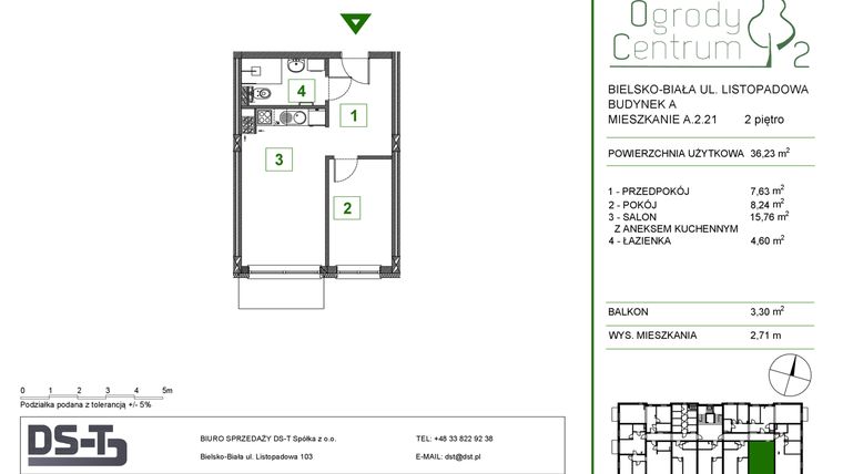 Rzut - Mieszkanie na sprzedaż 2 pokoje o powierzchni 36,23 m² - numer A.2.21 w Ogrody Centrum 2