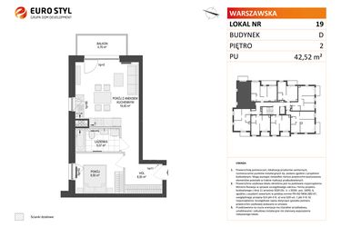 Rzut - Mieszkanie na sprzedaż 2 pokoje o powierzchni 42,52 m² - numer D.19 w Osiedle Warszawska etap II