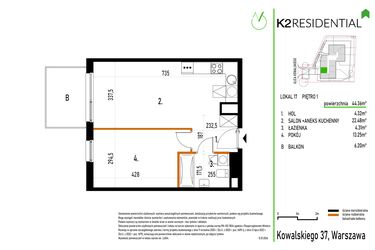 Rzut - Mieszkanie na sprzedaż 2 pokoje o powierzchni 44,36 m² - numer 17 w Kowalskiego 37