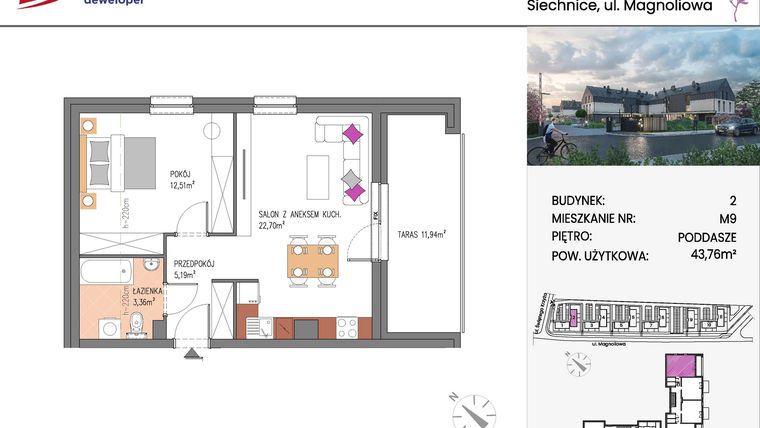 Rzut - Mieszkanie na sprzedaż 2 pokoje o powierzchni 43,76 m² - numer Bud.2-9 w Willa Magnolia