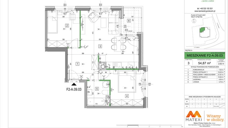 Rzut - Mieszkanie na sprzedaż 3 pokoje o powierzchni 54,87 m² - numer F2-A.09.03 w Kameralny Prokocim 2