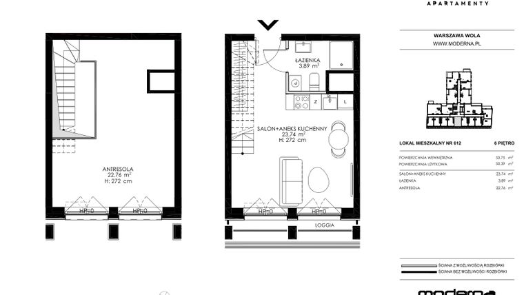 Rzut - Mieszkanie na sprzedaż 2 pokoje o powierzchni 50,39 m² - numer 612 w Chronos