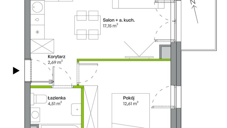 Rzut - Mieszkanie na sprzedaż 2 pokoje o powierzchni 36,96 m² - numer B.03.04.02 w WUWA Vita
