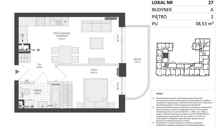 Rzut - Mieszkanie na sprzedaż 2 pokoje o powierzchni 38,53 m² - numer A.27 w Esencja
