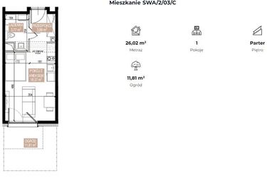 Rzut - Mieszkanie na sprzedaż 1 pokój o powierzchni 25,87 m² - numer SWA/2/03/C w Apartamenty Świeradowska