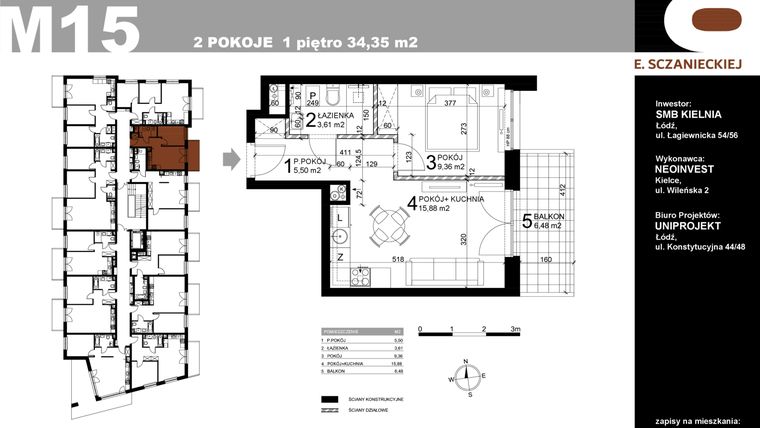 Rzut - Mieszkanie na sprzedaż 2 pokoje o powierzchni 34,35 m² - numer M15 w Sczanieckiej 8