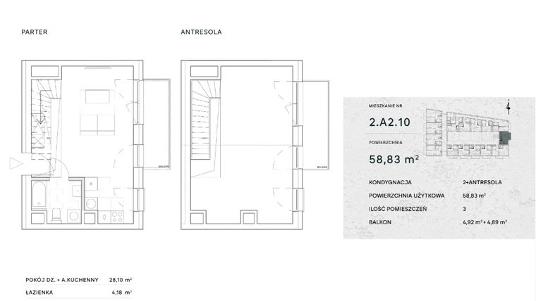 Rzut - Mieszkanie na sprzedaż 2 pokoje o powierzchni 58,83 m² - numer 2.A2.10 w Żernicka Park