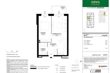 Rzut - Mieszkanie na sprzedaż 2 pokoje o powierzchni 39,78 m² - numer 6A-12 w Nowa Północ etap 2A