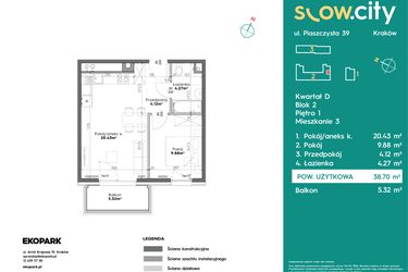 Rzut - Mieszkanie na sprzedaż 2 pokoje o powierzchni 38,7 m² - numer D2-3 w Slow City etap D