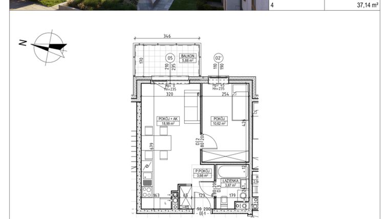 Rzut - Mieszkanie na sprzedaż 2 pokoje o powierzchni 37,14 m² - numer M.B7.03.22 w Osiedle Harmonia bud. B7