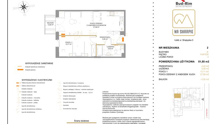 Rzut - Mieszkanie na sprzedaż 2 pokoje o powierzchni 51,55 m² - numer B2 w Na Skarpie bud. B