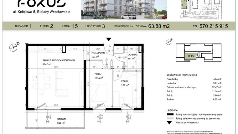 Rzut - Mieszkanie na sprzedaż 3 pokoje o powierzchni 63,88 m² - numer I.15 w Fokus Bielany