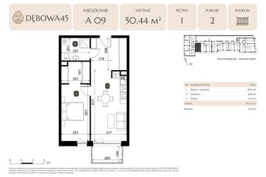 Rzut - Mieszkanie na sprzedaż 2 pokoje o powierzchni 50,44 m² - numer A.09 w Dębowa 45