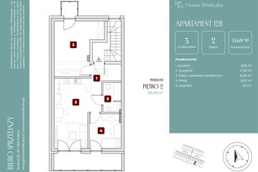 Rzut - Mieszkanie na sprzedaż 3 pokoje o powierzchni 55,69 m² - numer 12B w Nowa Wieliczka
