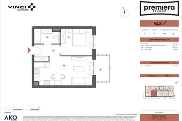 Rzut - Mieszkanie na sprzedaż 2 pokoje o powierzchni 42,5 m² - numer C.14 w Premiera Bemowo