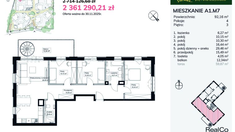 Rzut - Mieszkanie na sprzedaż 4 pokoje o powierzchni 92,16 m² - numer A1.M7 w Apartamenty przy Parku Szczytnickim