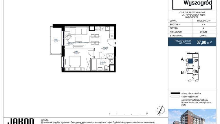 Rzut - Mieszkanie na sprzedaż 2 pokoje o powierzchni 37,9 m² - numer C3.A15 w Nowy Wyszogród etap III