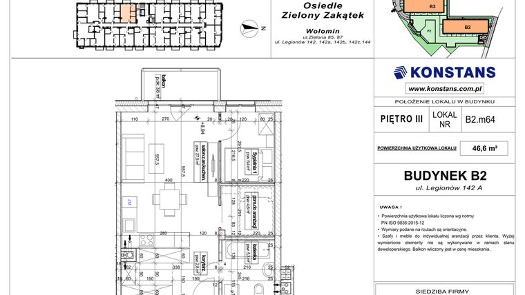 Rzut - Mieszkanie na sprzedaż 2 pokoje o powierzchni 46,6 m² - numer B2.64 w Osiedle Zielony Zakątek- etap II
