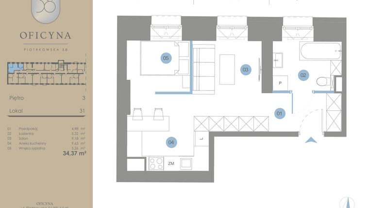 Rzut - Mieszkanie na sprzedaż 1 pokój o powierzchni 34,37 m² - numer 31 w Oficyna - Apart Hotel