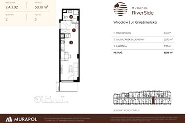 Rzut - Mieszkanie na sprzedaż 1 pokój o powierzchni 30,18 m² - numer 2.A.3.02 w Murapol RiverSide