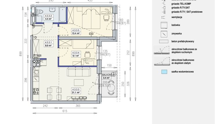 Rzut - Mieszkanie na sprzedaż 3 pokoje o powierzchni 56,1 m² - numer L5 4/3/3/3a w Awipolis
