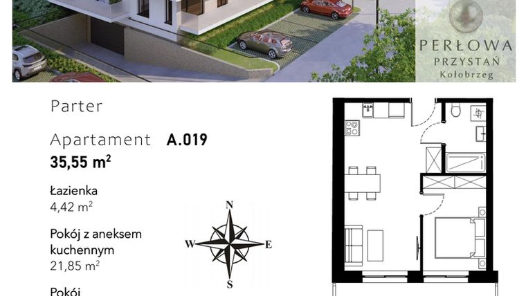 Rzut - Mieszkanie na sprzedaż 2 pokoje o powierzchni 35,55 m² - numer A.019 w Perłowa Przystań - Kołobrzeg - etap II
