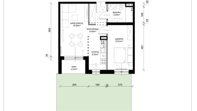 Rzut - Mieszkanie na sprzedaż 2 pokoje o powierzchni 47,69 m² - numer E.0.03.2k w Art.Teo etap 3