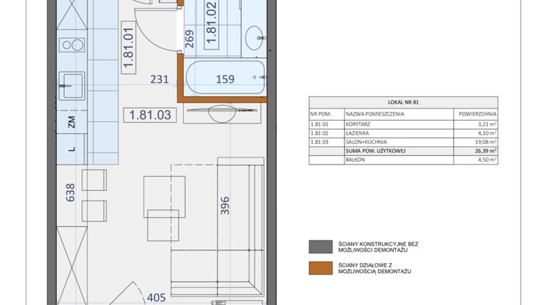 Rzut - Mieszkanie na sprzedaż 1 pokój o powierzchni 26,39 m² - numer 81 w Osiedle Zycha