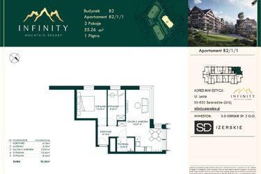 Rzut - Mieszkanie na sprzedaż 3 pokoje o powierzchni 55,26 m² - numer B2.1.1 w Infinity Mountain Resort