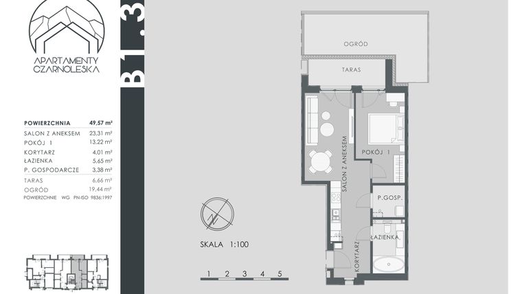 Rzut - Mieszkanie na sprzedaż 2 pokoje o powierzchni 49,57 m² - numer B1.3 w Apartamenty Czarnoleska