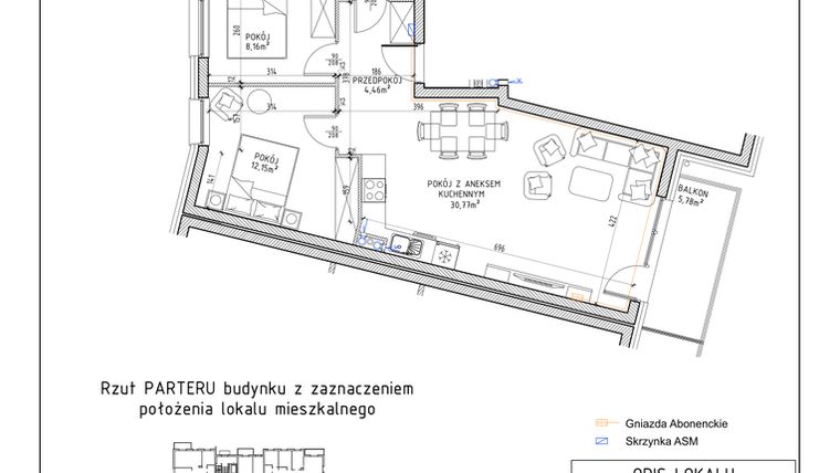 Rzut - Mieszkanie na sprzedaż 3 pokoje o powierzchni 60,65 m² - numer 24 w Osiedle Sady bud. E4