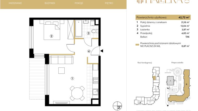 Rzut - Mieszkanie na sprzedaż 2 pokoje o powierzchni 42,72 m² - numer B.02.05 w Hallera 140